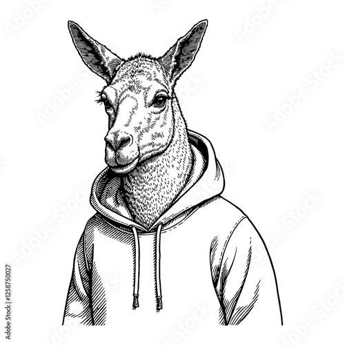 Kangaroo Wearing Hoodie Black and White Outline Line Art Drawing Vector Illustration