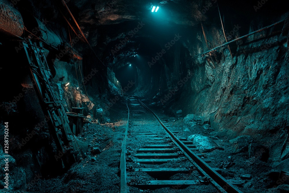 Naklejka premium Exploring a forgotten underground railway in a dimly lit abandoned mine