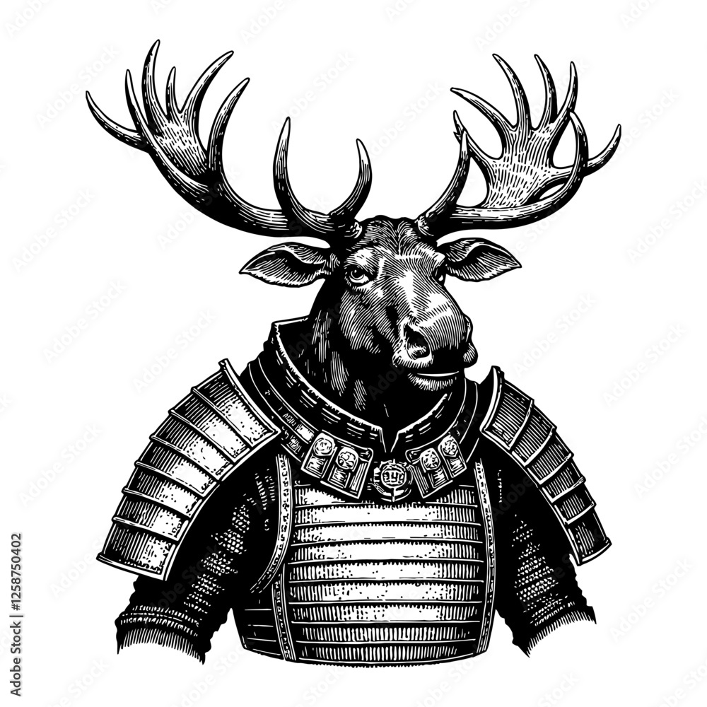 Moose Humanoid with Animal Head Wearing Samurai Armor Black and White Outline Line Art Drawing Moose Humanoid with Animal Head Wearing Samurai Armor Black and White Outline Line Art Drawing