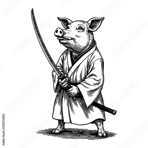 Pig Samurai Black and White Outline Line Art Drawing holding a katana wearing a samurai kimono robe
