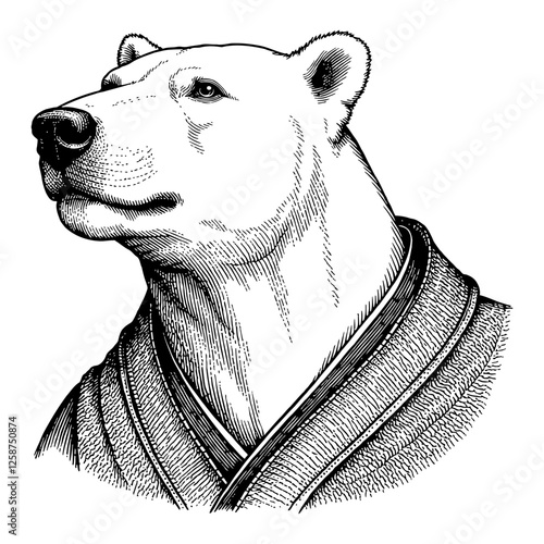 Polar Bear Humanoid Wearing Samurai Kimono Bust Up Black and White Outline Line Art Drawing