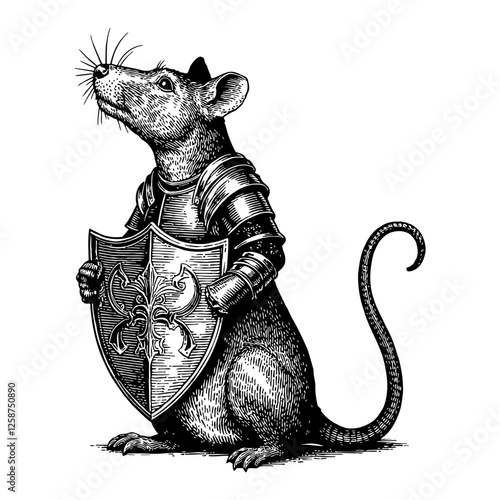 Rat Humanoid Wearing Armor Holding Shield in Black and White Detailed Outline Line Art Drawing