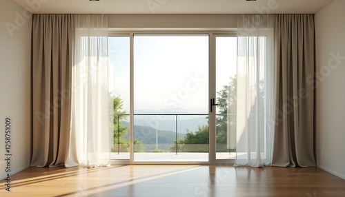 Minimalist room with sheer curtains and a balcony view