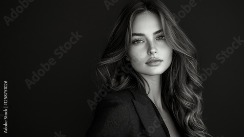 Elegant monochromatic portrait of a woman with flowing hair, set against a dark backdrop, embodying classic beauty and poise.