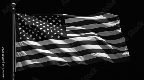 A striking black and white American flag set against a deep black background. The high-contrast design highlights the stars and stripes, creating a bold and symbolic patriotic composition.