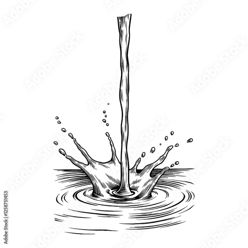 Water Pouring with Splash in Detailed Black and White Outline Line Art Drawing Illustration