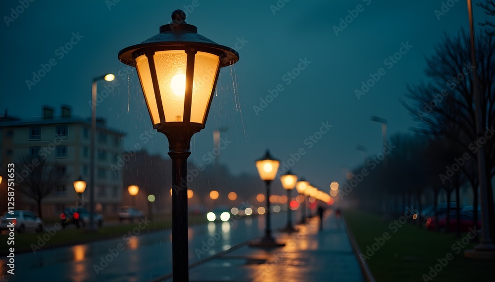 Illuminated streetlamp on a rainy evening in the city Illuminated streetlamp on a rainy evening in the city