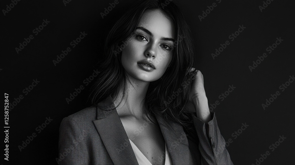 Elegant monochromatic portrait of a poised woman with expressive eyes, styled in a modern blazer, set against a stark, dark backdrop. Elegant monochromatic portrait of a poised woman with expressive eyes, styled in a modern blazer, set against a stark, dark backdrop.