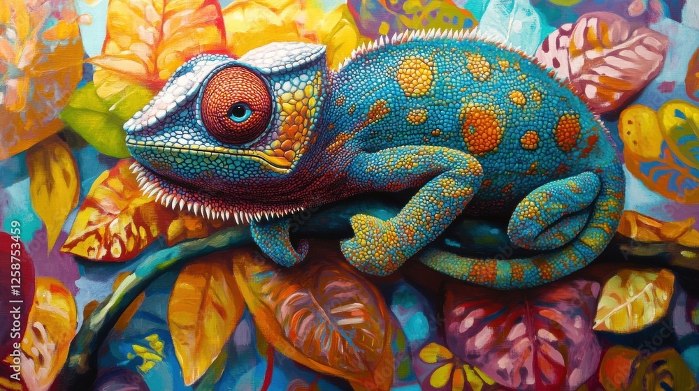 Fototapeta premium Chameleon Blending with Colorful Backdrop