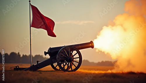 Historic cannon firing with red flag at sunset battlefield