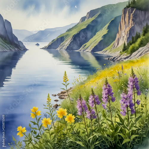 watercolor of coastal wildflowers like buttercups, bellflowers, and purple loosestrife growing along the edge of a sparkling fjord photo