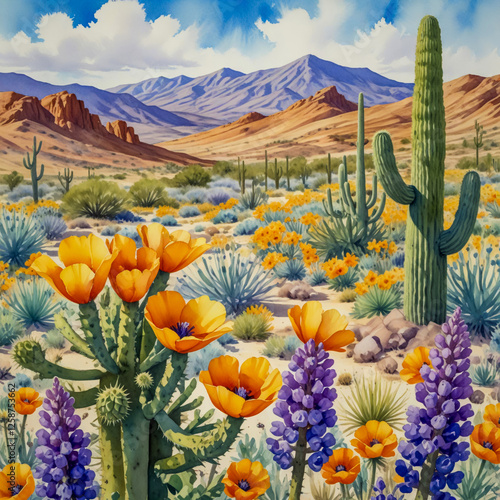 watercolor showing vibrant blooms like desert lupines, Mexican gold poppies, and purple owl’s clover scattered among tall saguaro cacti under a brilliant blue sky. photo