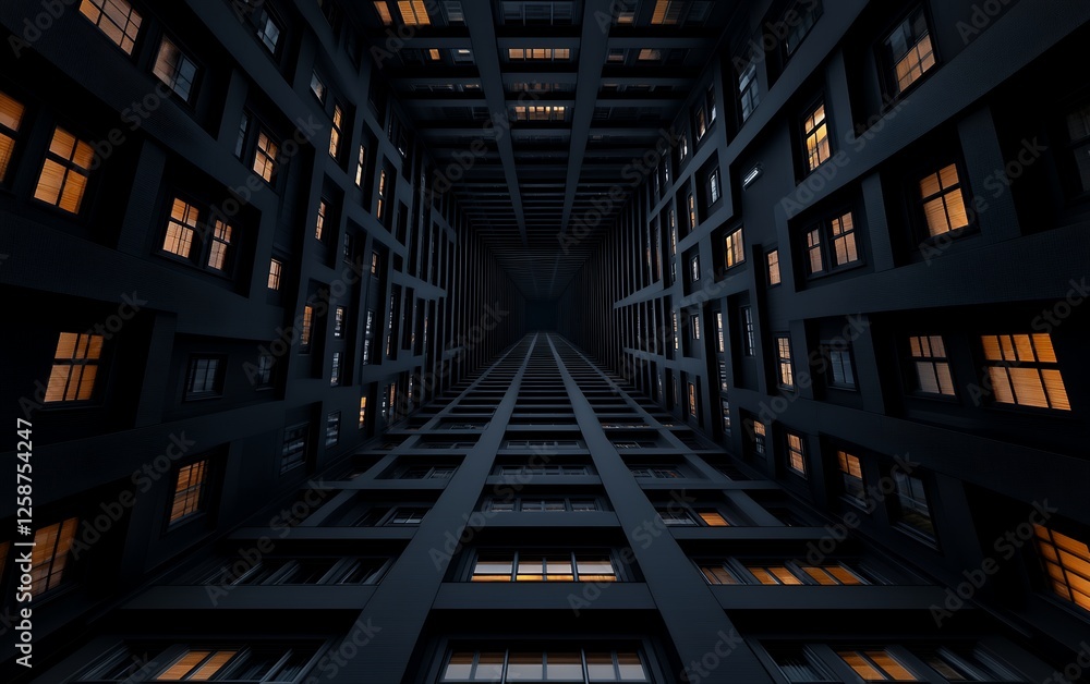 Night view looking up through dark urban buildings creating dramatic architectural corridor with illuminated windows, abstract urban geometry Night view looking up through dark urban buildings creating dramatic architectural corridor with illuminated windows, abstract urban geometry