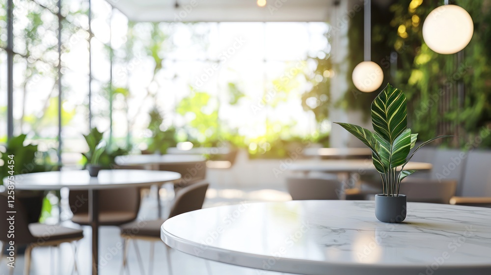Fototapeta premium Serene Cafe Interior: Plant Centerpiece on Marble Table