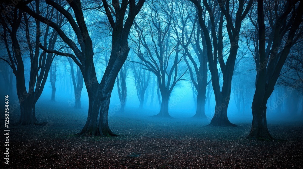 Mysterious Blue Fog Envelops Leafless Trees In A Forest Mysterious Blue Fog Envelops Leafless Trees In A Forest