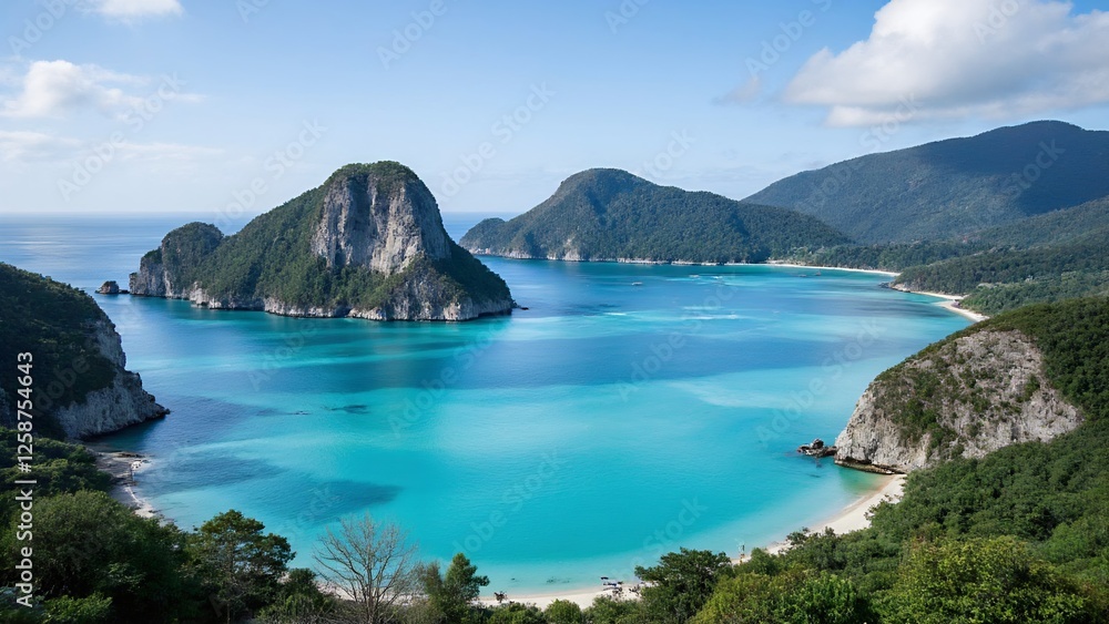 Tranquil cove between blue sea and green mountains Tranquil cove between blue sea and green mountains