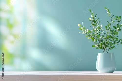 Wallpaper Mural Green plant in a light blue vase on a white table Torontodigital.ca