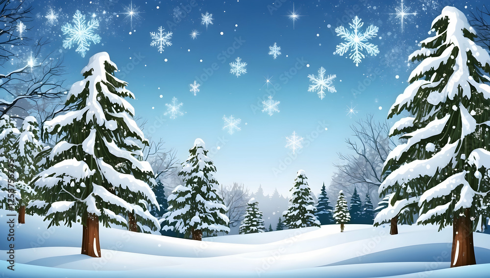 Obraz premium Snowy Winter Forest Scene with Falling Snowflakes