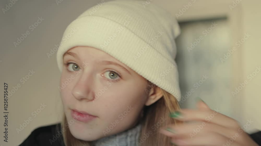 Blonde woman wearing white beanie, black jacket posing confidently, adjusting headwear, shifting expressions with urban street background Blonde woman wearing white beanie, black jacket posing confidently, adjusting headwear, shifting expressions with urban street background