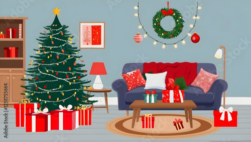 Cozy Christmas Living Room with Decorated Christmas Tree