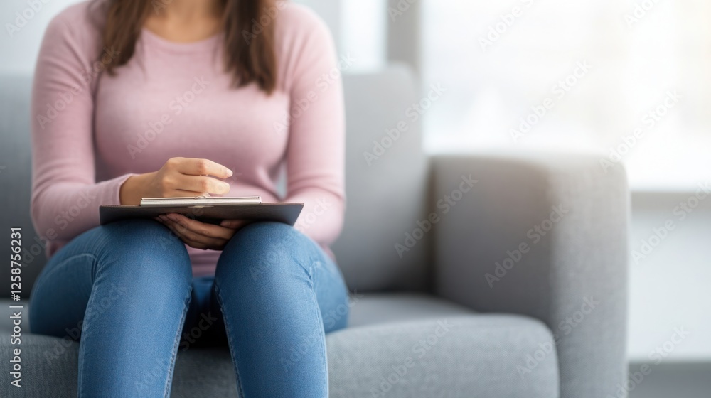 Woman Sitting on Sofa with Tablet in Hands, Engaged in Thoughtful Reflection in Cozy Indoor Space with Soft Natural Light Filtering Through Windows Woman Sitting on Sofa with Tablet in Hands, Engaged in Thoughtful Reflection in Cozy Indoor Space with Soft Natural Light Filtering Through Windows