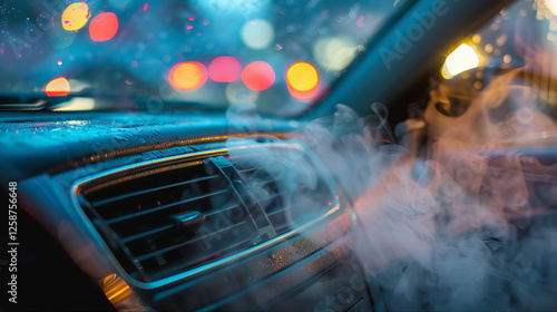 classic car dashboard with AC ventilation outlets, and dashboard buttons. Heat car defroster, air conditioner air freshener. 