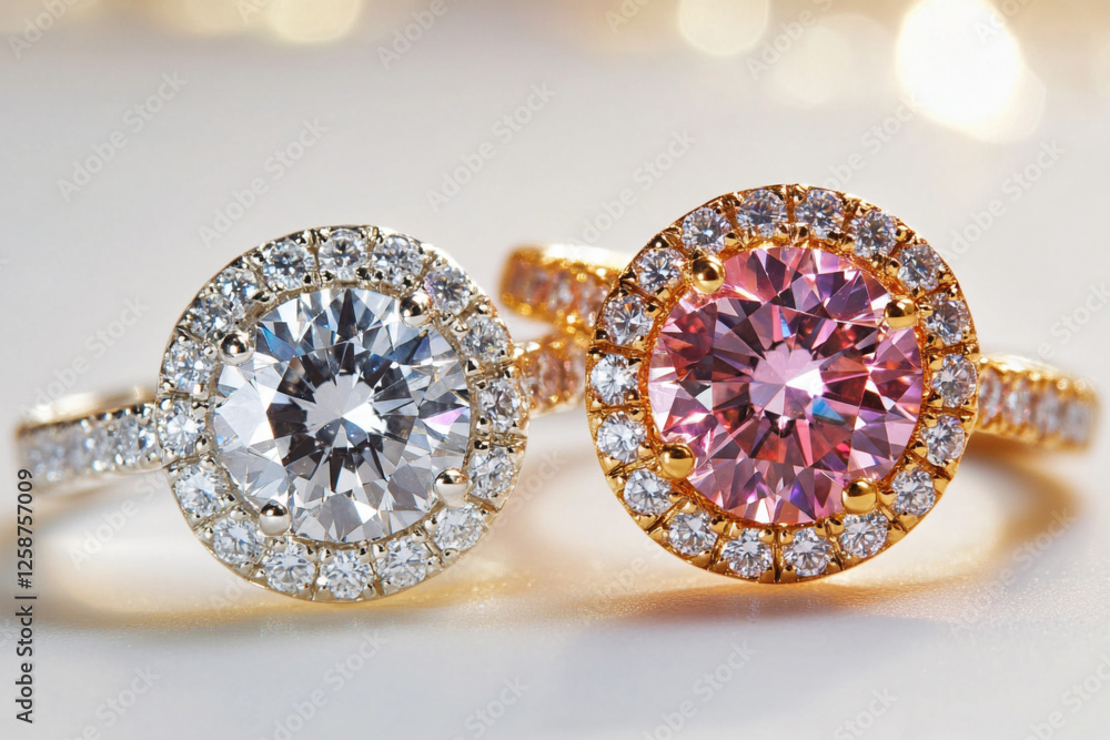 There are two diamond stud earrings sitting on a white surface There are two diamond stud earrings sitting on a white surface