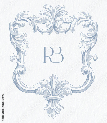 Vintage elegant wedding crest design. Arabesque with scrolls in Baroque style monogram. RB initial wedding monogram crest.
