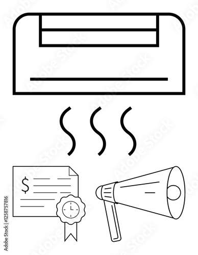 Air conditioner emitting hot air, achievement certificate with ribbon, and megaphone. Ideal for business, marketing, promotion, recognition awards, climate control, energy savings communication
