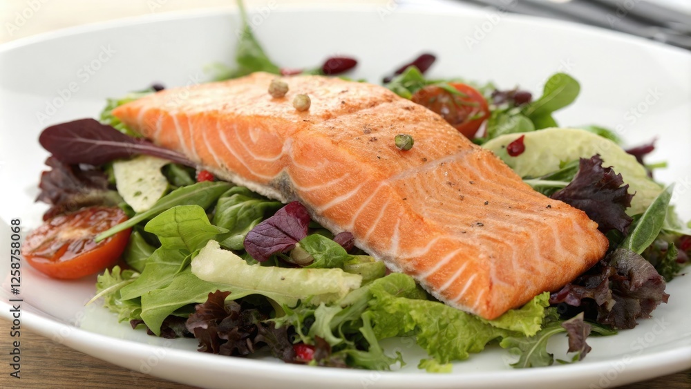 Fresh salmon fillet on a bed of mixed greens salad, cucumber, seafood, greens Fresh salmon fillet on a bed of mixed greens salad, cucumber, seafood, greens