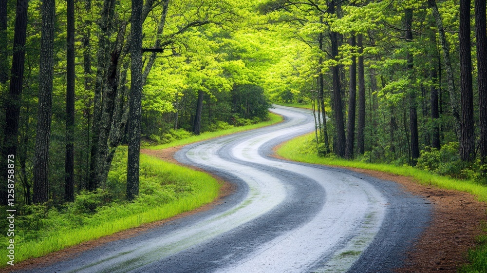 Obraz premium Winding Road Through Lush Green Forest Canopy