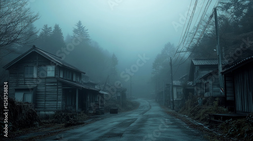 Wallpaper Mural Misty Abandoned Village Road Surrounded by Dense Fog and Faded Houses in a Serene Landscape with Evergreen Trees Torontodigital.ca