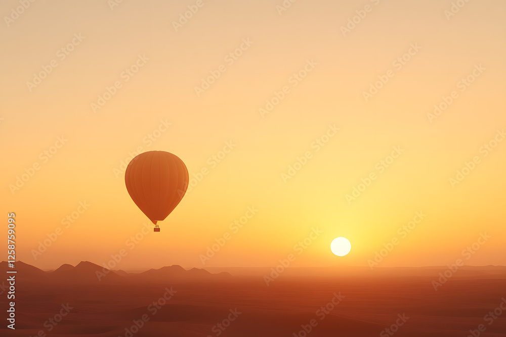 Fototapeta premium Hot air balloon over desert at sunrise. Orange sky provides dramatic backdrop for silent flight, adventure, and exploration on the horizon.