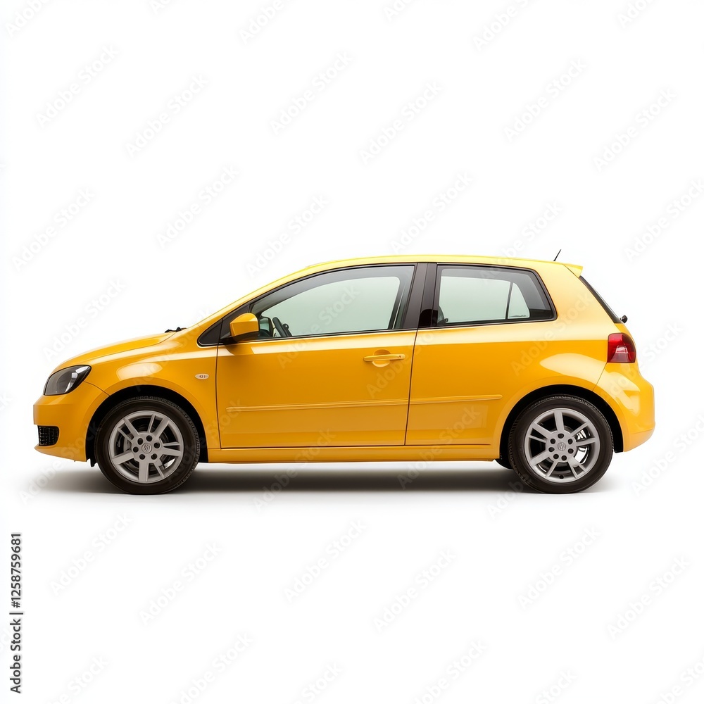 Yellow car, side profile, studio shot, white background, automotive advertisement