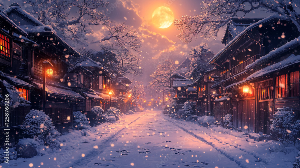 Fototapeta premium Serene Winter Night in Traditional Village Under Full Moon, Snow Covered Streets, Glowing Lanterns, and Cozy Wooden Houses in Magical Atmosphere