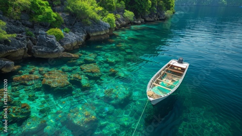 Wallpaper Mural A wooden boat floats peacefully in clear turquoise waters, anchored near vibrant coral, with rocky cliffs and rich green foliage providing a beautiful backdrop under bright daytime skies. Torontodigital.ca