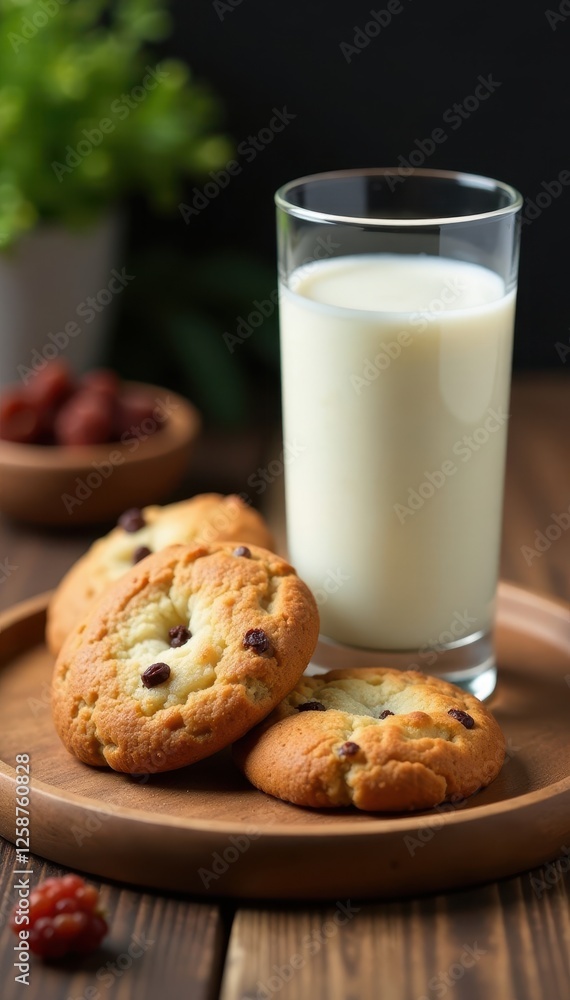 Glass of milk, raisin cookies, wooden serving tray, sweet, milk, texture Glass of milk, raisin cookies, wooden serving tray, sweet, milk, texture