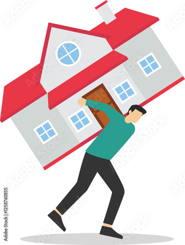 Concept flat style illustration with businessman carrying the burden of a house mortgage on his shoulders.

