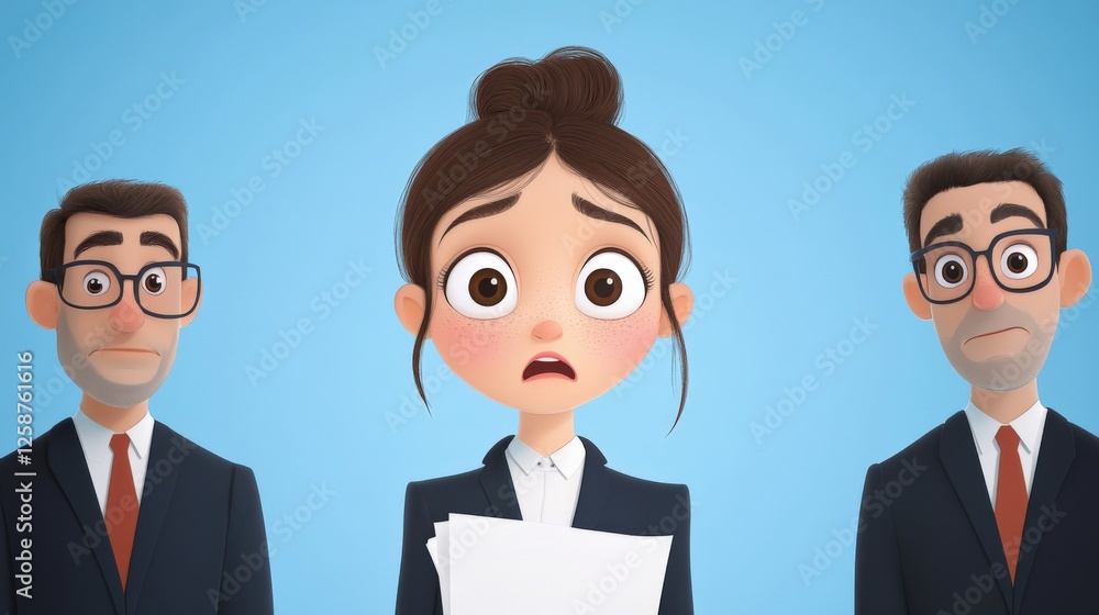Cartoon woman with concerned expression between two men in suits. Cartoon woman with concerned expression between two men in suits.