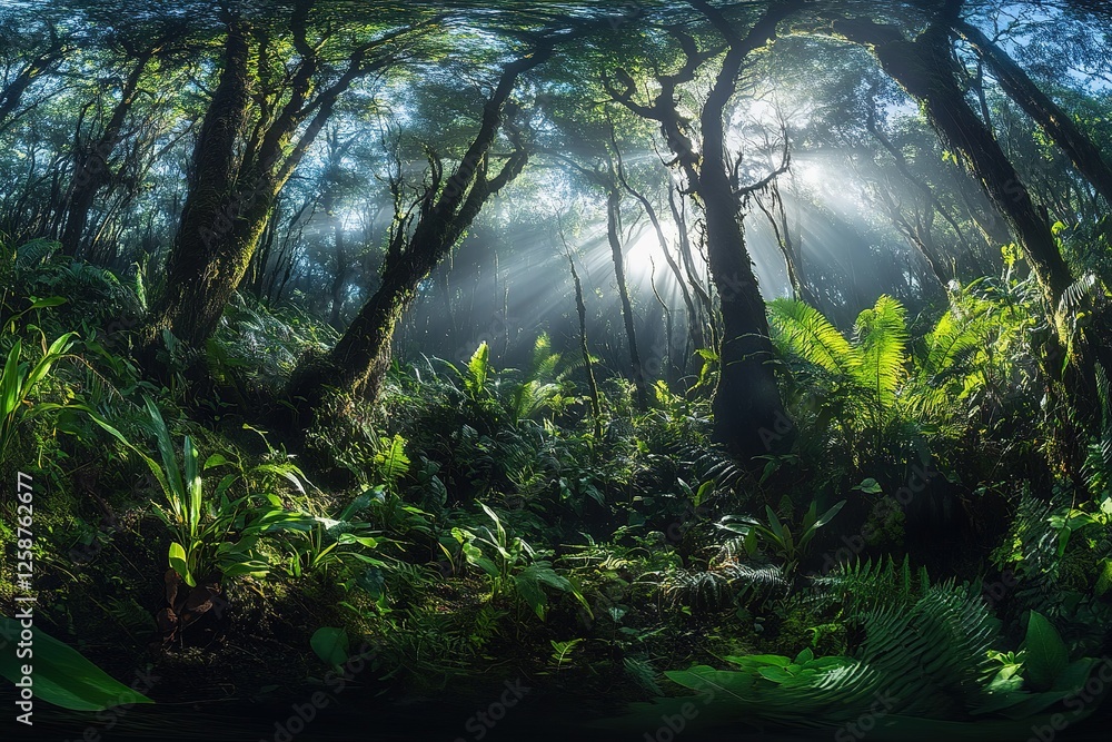 Sunbeams pierce a lush verdant rainforest Sunbeams pierce a lush verdant rainforest