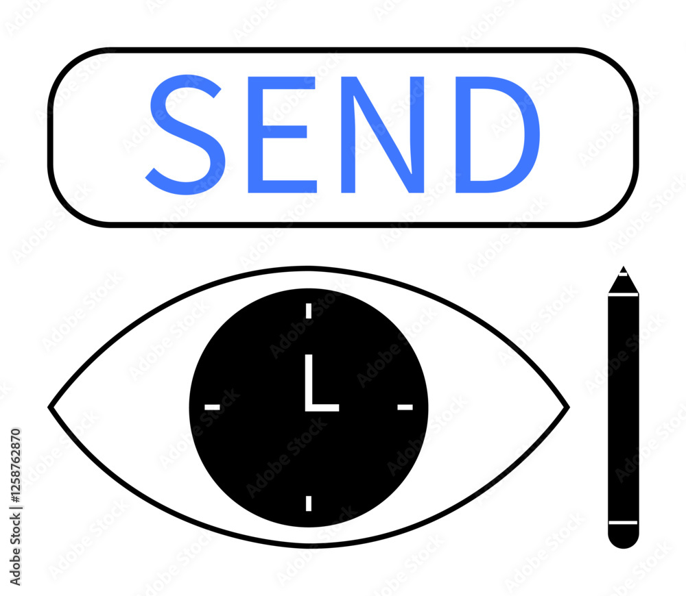 Eye-shaped clock, pen, and SEND button emphasize time management, focus, and digital communication. Ideal for productivity, deadlines, communication tools, time tracking design apps vision Eye-shaped clock, pen, and SEND button emphasize time management, focus, and digital communication. Ideal for productivity, deadlines, communication tools, time tracking design apps vision