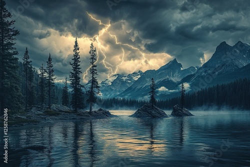 Fototapeta Naklejka Na Ścianę i Meble -  Lightning storm over a mountain lake