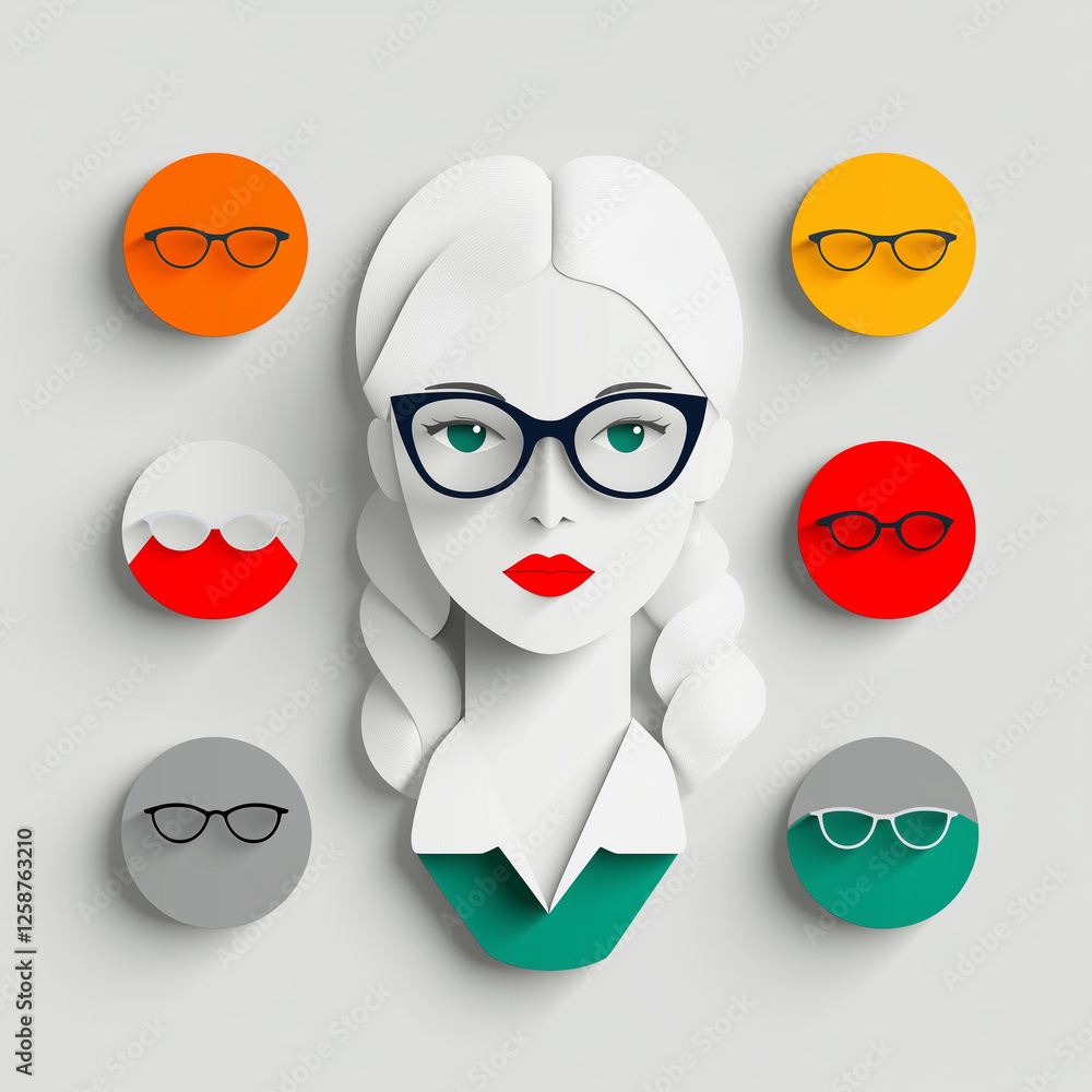 Obraz premium Stylized illustration of woman with glasses surrounded by colorful glasses icons. design features modern, flat aesthetic with minimalist approach