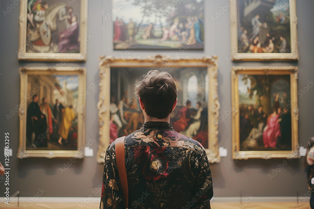Obraz premium Person Observing Admiring Artwork in Museum or Art Gallery Exhibition study, Generative AI
