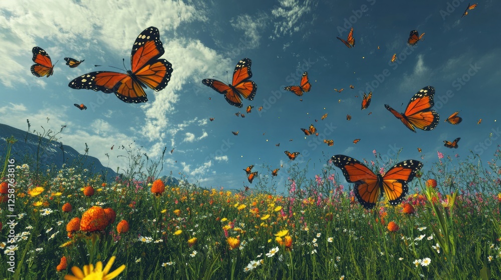 Butterflies Dancing in the Air Above a Blooming Meadow Butterflies Dancing in the Air Above a Blooming Meadow