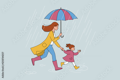 Mother and daughter run in the rain under an umbrella. Flat vector illustration of a woman holding hands with a little girl wearing a pink raincoat, yellow boots. Autumn, family connections concept.