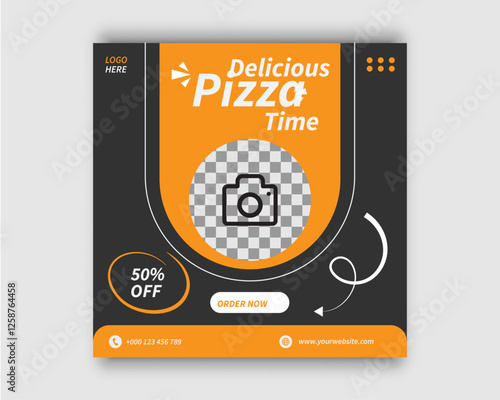 Delicious food menu social media post vector in Black and orange. Pizza Restaurant discounts offer social media posts with photo placeholders and food promotion template designs with creative shapes. 