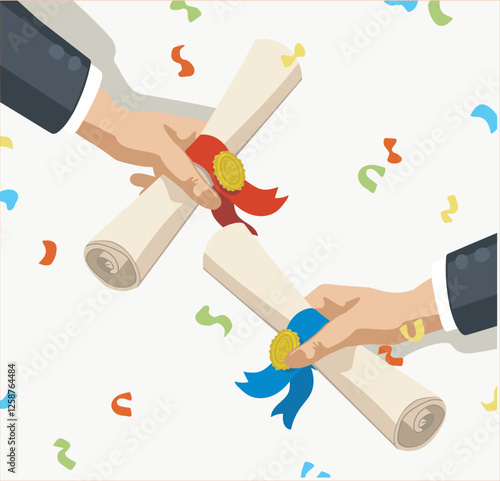 hands holding diplom degree graduation celebration with confetti equipment student university isolated on white background