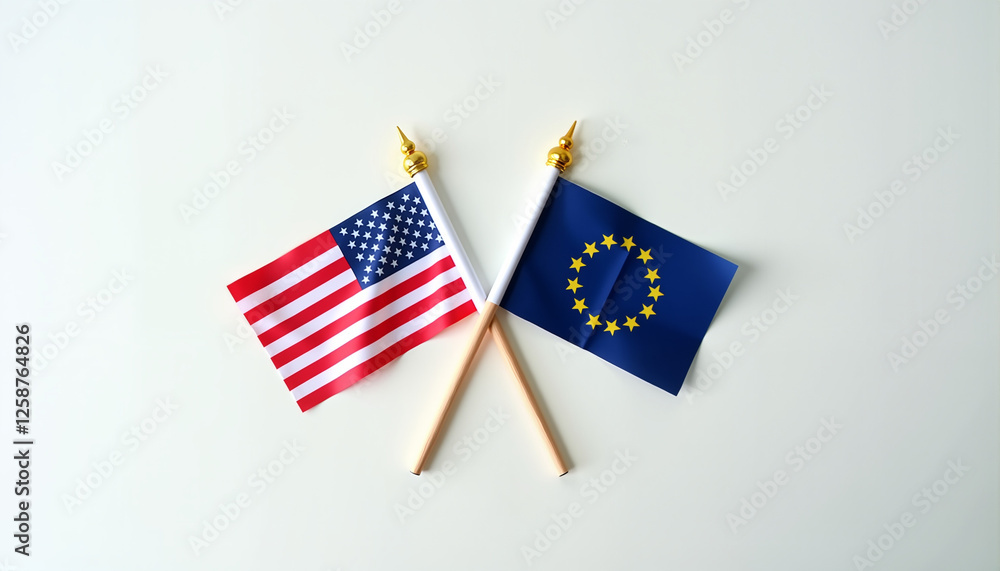 Crossed USA and EU flags symbolizing international relations Crossed USA and EU flags symbolizing international relations
