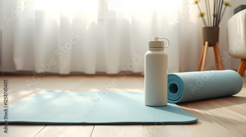 a home exercise scene with a yoga mat and pastel water bottle on a light wood floor, space for copy